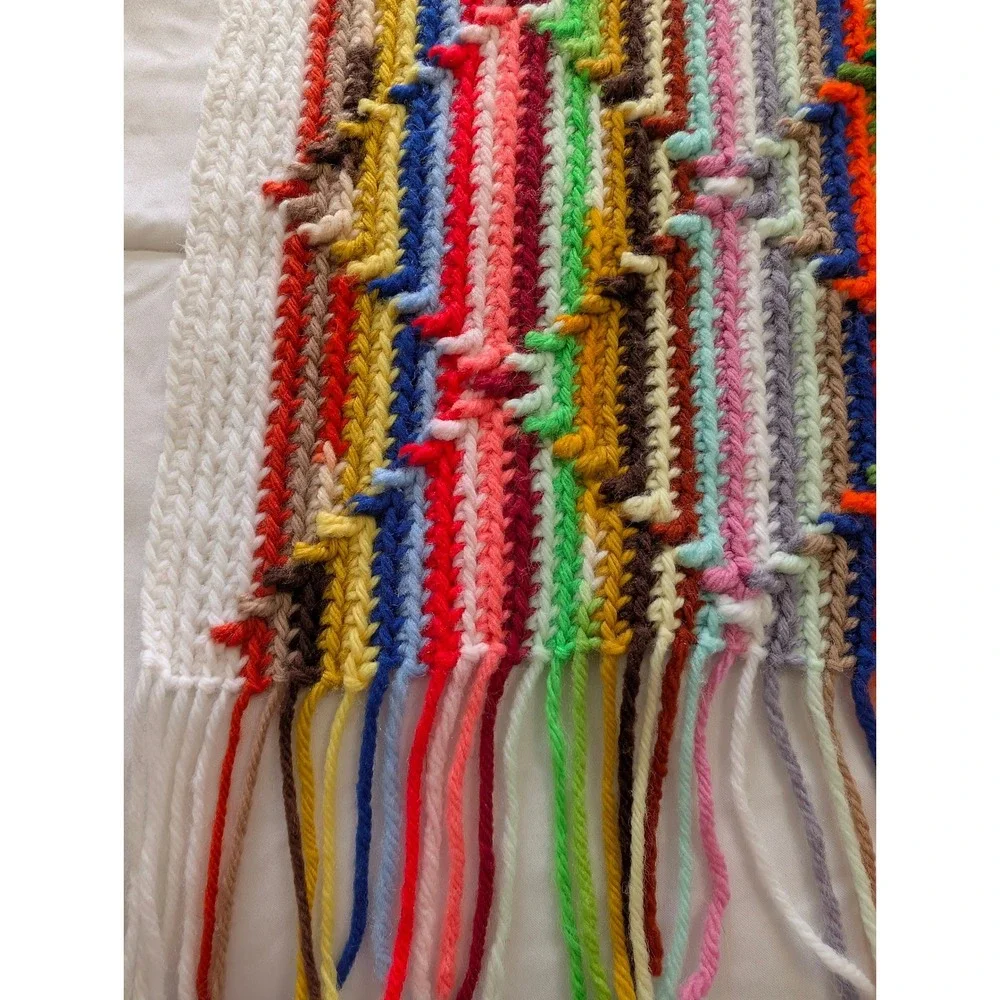 Vtg Handmade Crochet Afghan Optical Illusion Rainbow Multi Color Fringe Throw